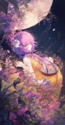 Rule 34 | 1girl, absurdres, closed mouth, expressionless, from side, full moon, highres, lips, long hair, looking at viewer, looking to the side, maccha (mochancc), moon, musical note, plant, profile, purple hair, solo, touhou, tree, tsukumo benben, upper body