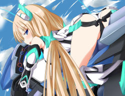 Rule 34 | 1girl, angela balzac, ass, bare shoulders, blonde hair, blue eyes, blush, bodysuit, breasts, cockpit, elbow gloves, from behind, gloves, headgear, joney, leotard, long hair, looking at viewer, looking back, low twintails, open mouth, rakuen tsuihou, solo, twintails, very long hair