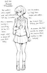 Rule 34 | 1girl, avarie standard, bag, blazer, character name, character profile, commentary, english commentary, english text, ge-b, glasses, greyscale, highres, jacket, monochrome, original, pleated skirt, school bag, school uniform, skirt, solo, standing