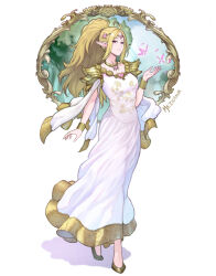 Rule 34 | 1girl, aged up, ahoge, alternate costume, artist name, blonde hair, bracelet, closed mouth, commentary, commission, dress, english commentary, fire emblem, fire emblem awakening, gold trim, highres, jewelry, long hair, looking at viewer, meziosaur, necklace, nintendo, nowi (fire emblem), petals, pointy ears, ponytail, purple eyes, sidelocks, sleeveless, sleeveless dress, solo, tiara, white dress