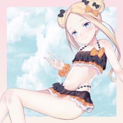 Rule 34 | 1girl, abigail williams (emerald float) (fate), abigail williams (fate), bare shoulders, bbci, bikini, black bikini, blonde hair, blue eyes, blue sky, blush, bow, closed mouth, cloud, cloudy sky, commentary request, day, double bun, emerald float, fate/grand order, fate (series), groin, hair bow, hair bun, hand up, head tilt, highres, long hair, looking at viewer, navel, official alternate costume, orange bow, parted bangs, polka dot, polka dot bow, side bun, sidelocks, sitting, sky, smile, solo, swimsuit, very long hair