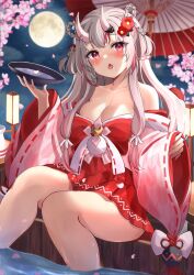 Rule 34 | 1girl, alcohol, bare shoulders, blurry, blurry background, blush, bow, braid, breasts, cherry blossoms, chestnut mouth, cleavage, commentary request, cup, eyelashes, falling petals, fang, flower, full moon, grey hair, hair between eyes, hair flower, hair ornament, hair ribbon, head tilt, highres, holding, holding cup, hololive, horns, ibuki sho, japanese clothes, kimono, long hair, long sleeves, looking at viewer, medium breasts, moon, multicolored hair, nakiri ayame, nakiri ayame (shrine maiden), night, off shoulder, oil-paper umbrella, oni, open mouth, outdoors, petals, petals on liquid, pleated kimono, red bow, red eyes, red flower, red hair, red kimono, red ribbon, ribbon, ribbon-trimmed sleeves, ribbon trim, sakazuki, sake, short kimono, sidelocks, skin-covered horns, soaking feet, solo, streaked hair, sweat, thighs, twin braids, umbrella, variant set, virtual youtuber, white ribbon, wide sleeves