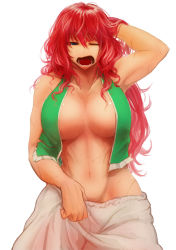 Rule 34 | 1girl, arm up, bare arms, bare shoulders, bloomers, breasts, cleavage, collarbone, female focus, groin, hair flip, half-closed eyes, hong meiling, koyubi (littlefinger1988), large breasts, long hair, loose clothes, messy hair, muscular, muscular female, navel, no bra, no panties, one eye closed, open clothes, open mouth, open vest, red hair, scar, shiny skin, simple background, sleepy, solo, touhou, underwear, vest, waking up, white background, yawning