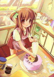 Rule 34 | 1girl, afternoon, apron, baking, blush, brown eyes, brown hair, cake, cooking, food, indoors, kitchen, long hair, looking at viewer, mycstea, open mouth, original, pastry bag, ribbon, school uniform, solo, standing, twintails