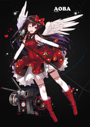 Rule 34 | 1girl, ;o, aoba (warship girls r), argyle, belt, black background, black gloves, blush, boots, bow, bowtie, braid, brown hair, buttons, cannon, character name, detached sleeves, double-breasted, dress, earrings, feathered wings, fingerless gloves, full body, gloves, gradient hair, hair bow, hair ornament, hair ribbon, hairband, heart, jewelry, lace, lace-trimmed dress, lace trim, legs apart, lens flare, long hair, microphone, microphone stand, multicolored hair, official art, one eye closed, outstretched arms, purple hair, red bow, red bowtie, red dress, red eyes, red footwear, red hair, red ribbon, ribbon, ribbon-trimmed sleeves, ribbon trim, shi-chen, simple background, sleeveless, sleeveless dress, solo, sparkle, speaker, string, thigh strap, treble clef, twin braids, warship girls r, white wings, wings, wrist cuffs