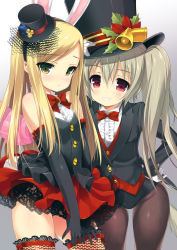 Rule 34 | 2girls, animal ears, arm up, bad id, bad pixiv id, bell, black gloves, black legwear, blonde hair, blush, bow, bowtie, dress shirt, elbow gloves, elin, emily (pure dream), fake animal ears, fishnet legwear, fishnets, formal, gloves, gradient background, green eyes, grin, hairband, hat, hat tip, jingle bell, lapels, leotard, long hair, mini hat, mini top hat, multiple girls, panties, pantyhose, peaked lapels, playboy bunny, rabbit ears, red eyes, red skirt, shirt, silver hair, simple background, skirt, smile, tail, tera online, thighhighs, top hat, traditional bowtie, tuxedo, twintails, underwear, vest, white gloves, wings