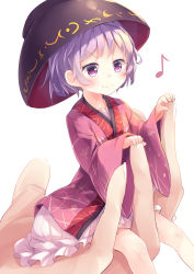 Rule 34 | 1girl, 1other, absurdres, bowl, bowl hat, fingernails, hat, highres, japanese clothes, kanzakietc, kimono, long sleeves, mini person, minigirl, musical note, purple eyes, purple hair, sash, short hair, simple background, sitting, smile, solo focus, sukuna shinmyoumaru, touhou, white background, wide sleeves