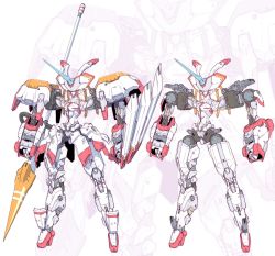 Rule 34 | 10s, commentary request, darling in the franxx, full body, highres, horns, humanoid robot, lance, mecha, no humans, polearm, robot, single horn, standing, strelizia, sukekiyo56, weapon, white background, yellow eyes, zoom layer