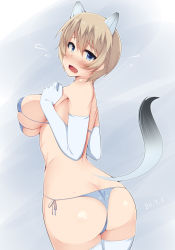 Rule 34 | 1girl, animal ears, ass, bikini, blonde hair, blue bikini, blue eyes, blush, brave witches, breasts, butt crack, elbow gloves, ermine tail, from behind, gloves, highres, looking at viewer, looking back, medium breasts, micro bikini, nikka edvardine katajainen, nksk, shiny skin, short hair, simple background, solo, standing, swimsuit, tail, thighhighs, weasel ears, weasel tail, white background, white gloves, white thighhighs, world witches series