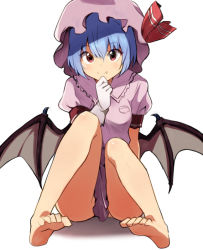 Rule 34 | 1girl, barefoot, bat wings, blue hair, convenient censoring, dress, fang, feet, full body, gloves, hat, hat ribbon, looking at viewer, mob cap, natsunagi takaki, puffy sleeves, red eyes, remilia scarlet, ribbon, short hair, short sleeves, simple background, sitting, smile, solo, touhou, white background, white gloves, wings