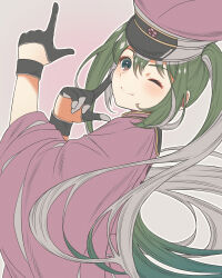 Rule 34 | 1girl, black gloves, blush, closed mouth, commentary, eyelashes, finger to cheek, floating hair, from side, gloves, gradient background, green eyes, green hair, grey background, hair between eyes, hands up, hat, hatsune miku, highres, index fingers raised, japanese clothes, kimono, long hair, long sleeves, looking at viewer, one eye closed, peaked cap, pink background, purple hat, purple kimono, senbonzakura (vocaloid), simple background, smile, solo, taku hanamiyap, twintails, very long hair, vocaloid, wide sleeves