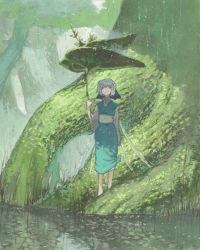 Rule 34 | 1girl, bad id, bad pixiv id, barefoot, blue eyes, blue hair, bow, chomoran, cirno, dress, forest, hair bow, hair ornament, japanese clothes, leaf, leaf umbrella, matching hair/eyes, nature, plant roots, rain, solo, touhou, traditional media, tree, water, wings
