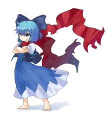 Rule 34 | 1girl, barefoot, blue eyes, blue hair, bow, cirno, crossed arms, dress, grin, hair bow, hashiro, hayo, matching hair/eyes, no shoes, perfect cherry blossom, red scarf, scarf, short hair, smile, solo, standing, touhou