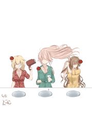 Rule 34 | 3girls, absurdres, artist logo, blonde hair, dated, closed eyes, hair dryer, hair flaps, harusame (kancolle), highres, holding, holding toothbrush, kantai collection, light brown hair, long hair, multiple girls, negative space, nose bubble, pajamas, pink hair, shanghmely, simple background, sink, sleepy, toothbrush, toothpaste, upper body, white background, yura (kancolle), yuudachi (kancolle)