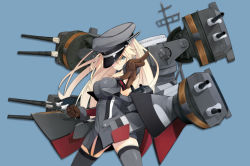 Rule 34 | 10s, 1girl, bismarck (kancolle), blonde hair, blue background, blue eyes, breasts, brown gloves, clenched hand, cowboy shot, gloves, grey thighhighs, hat, hat over one eye, iwasaki takashi, kantai collection, large breasts, long hair, looking at viewer, machinery, outstretched hand, peaked cap, solo, thighhighs