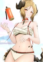 Rule 34 | 1girl, arknights, bare arms, bare shoulders, bikini, blonde hair, breasts, choker, commentary request, cowboy shot, head tilt, horns, ifrit (arknights), ifrit (sunburn) (arknights), looking at viewer, material growth, medium breasts, navel, orange choker, orange eyes, oripathy lesion (arknights), short hair, smile, solo, sora mame (princess 0sora), standing, stomach, swimsuit, tail, white bikini