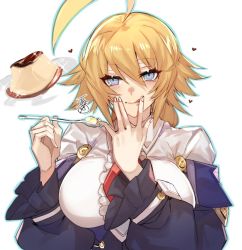 Rule 34 | 1girl, ahoge, bad id, bad twitter id, blazblue, blonde hair, blue eyes, blush, breasts, dress, es (xblaze), food, heart, highres, large breasts, licking, licking finger, licking lips, long hair, long sleeves, necktie, pudding, puffy long sleeves, puffy sleeves, roas01b, simple background, smile, solo, spoon, tongue, tongue out, upper body, white background, xblaze