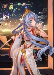 Rule 34 | 1girl, blue hair, bug, butterfly, chinese clothes, green eyes, bug, jewelry, kaku-san-sei million arthur, long hair, looking at viewer, lots of jewelry, million arthur (series), musyne xsk, original, solo, sword, tiara, twintails, weapon