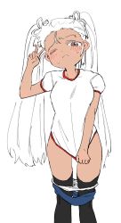Rule 34 | 1girl, archer-tan, archer (fate), black thighhighs, bloomers, bloomers pull, blush, brown eyes, buruma, buruma pull, closed mouth, clothes pull, covering crotch, covering privates, dark-skinned female, dark skin, fate/stay night, fate (series), flat color, frown, genderswap, genderswap (mtf), gym shirt, gym uniform, highres, long hair, okura (okuland), one eye closed, panties, panty pull, shirt, simple background, solo, standing, sweat, t-shirt, thighhighs, twintails, underwear, v, very long hair, white background, white hair