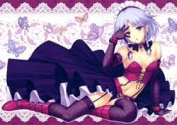 Rule 34 | 1girl, absurdres, armlet, blue eyes, boots, braid, breasts, bug, bustier, butterfly, cleavage, collar, cuffs, elbow gloves, female focus, garter straps, gloves, hand on own face, highres, insect, izayoi sakuya, lace, lace gloves, lace legwear, light purple hair, lingerie, maid headdress, medium breasts, purple footwear, purple thighhighs, sayori (neko works), skirt, solo, thighhighs, touhou, twin braids, underwear