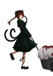 Rule 34 | 1girl, absurdres, animal ears, arm ribbon, bad id, bad pixiv id, bell, blood, blood stain, bow, braid, cart, cat ears, collar, creepy, dress, fangs, full body, green bow, green dress, hair bow, highres, kaenbyou rin, leg ribbon, mary janes, multiple tails, neck bell, red eyes, red hair, ribbon, shoes, smile, solo, tail, touhou, twin braids, two tails, white background, wingedleek
