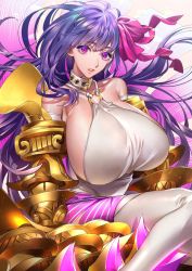 Rule 34 | 1girl, bare shoulders, collar, collarbone, elbow gloves, fate/extra, fate/extra ccc, fate/grand order, fate (series), gloves, hair ribbon, highres, long hair, looking at viewer, parted lips, passionlip (fate), passionlip (third ascension) (fate), purple eyes, purple hair, ribbon, solo, tenobe, very long hair, white gloves, white legwear