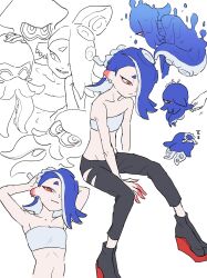 Rule 34 | 1girl, 3others, :/, absurdres, alternate form, arms behind head, arms up, bare shoulders, between legs, black pants, blue hair, blush stickers, breasts, cephalopod eyes, closed mouth, commentary request, earrings, hair over one eye, hairband, hand between legs, hand on own cheek, hand on own face, head rest, highres, inkling player character, jewelry, jounetsu (jonetunoaoitako), medium hair, midriff, multiple earrings, multiple others, multiple views, navel, nintendo, octoling player character, octopus, okobo, one eye covered, pants, partially colored, petting, red eyes, sandals, shiver (splatoon), short eyebrows, sitting, small breasts, smile, splatoon (series), splatoon 3, squid, strapless, suction cups, tabi, tentacle hair, tooth earrings, torn clothes, torn pants, tube top, white background, white hairband, white tube top