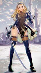 Rule 34 | 1girl, 2b (nier:automata), 2b (nier:automata) (cosplay), anlucea, black dress, black footwear, black gloves, blonde hair, blue eyes, blurry, blurry background, boots, breasts, cleavage cutout, closed mouth, clothing cutout, cloud, cloudy sky, commentary, cosplay, curly hair, dragon quest, dragon quest x, dress, feather-trimmed sleeves, full body, gloves, hair pulled back, hairband, hand up, highres, holding, holding sword, holding weapon, juliet sleeves, leotard, light particles, long hair, long sleeves, looking at viewer, medium breasts, mole, mole under mouth, nier:automata, nier (series), numao sub, puffy sleeves, skindentation, sky, solo, standing, sword, thigh boots, turtleneck dress, weapon, white leotard