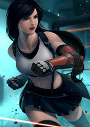 Rule 34 | 1girl, bar (place), bare shoulders, black gloves, black hair, black thighhighs, breasts, clenched hands, collarbone, final fantasy, final fantasy vii, final fantasy vii remake, fingerless gloves, gauntlets, gloves, highres, lips, lipstick, long hair, makeup, medium breasts, midriff, navel, okita, open mouth, red eyes, skirt, solo, sweat, thighhighs, tifa lockhart, very long hair