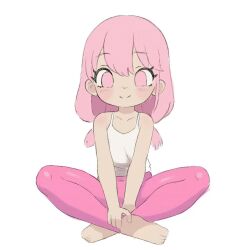 Rule 34 | 1girl, animated, arms between legs, barefoot, blush, child, closed mouth, collarbone, dancing, feet, female focus, full body, head tilt, indian style, leggings, looking at viewer, looping animation, matching hair/eyes, original, pants, pink eyes, pink hair, pink leggings, pink pants, qtkat, shirt, simple background, sitting, sleeveless, sleeveless shirt, smile, solo, tank top, thighs, toes, twintails, video, white background, white shirt