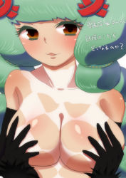 Rule 34 | 1girl, :d, black gloves, blush, body blush, breasts, brown eyes, colored eyelashes, covering privates, covering breasts, drill hair, female focus, fiore brunelli, fur trim, gloves, green hair, hair ornament, large breasts, looking at viewer, one-piece tan, open mouth, smile, solo, star ocean, star ocean integrity and faithlessness, tan, tanline, twin drills, upper body, wanryoku-san