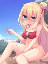 Rule 34 | 1girl, absurdres, akai haato, akai haato (hololive summer 2019), bare shoulders, bikini, bikini top only, blonde hair, blue eyes, blue sky, blush, bottomless, breasts, breath, cleavage, cloud, collarbone, controller, day, drooling, female focus, female masturbation, gradient sky, groin, hair bun, hair ribbon, hand up, highres, holding, hololive, kanami9731, knee up, long hair, looking at viewer, masturbation, medium breasts, navel, nose blush, open mouth, outdoors, public indecency, public vibrator, red bikini, red ribbon, remote control, remote control vibrator, ribbon, saliva, sand, sex toy, single hair bun, sitting, sky, solo, sweat, swimsuit, tears, very long hair, vibrator, vibrator cord, virtual youtuber