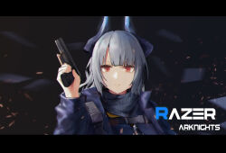 Rule 34 | 1girl, absurdres, arknights, black horns, black jacket, black scarf, black sweater, blue horns, blunt bangs, blurry, chinese commentary, chromatic aberration, closed mouth, commentary request, copyright name, dragon girl, dragon horns, embers, grey hair, gun, hand up, handgun, highres, holding, holding gun, holding weapon, horns, jacket, letterboxed, liskarm (arknights), long hair, long sleeves, looking at viewer, motion blur, open clothes, open jacket, orange eyes, scarf, serious, shards, solo, sweater, trigger discipline, upper body, weapon, xufei (qrbqrb)