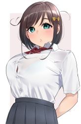 Rule 34 | 1girl, aqua eyes, arms behind back, black skirt, blue bra, blush, bow, bowtie, bra, bra visible through clothes, breasts, brown hair, bursting breasts, hair bow, hair ornament, highres, huge breasts, igarashi kyouhei, long hair, looking at viewer, messy hair, original, parted lips, pleated skirt, red bow, red bowtie, see-through, shirt, shirt tucked in, sidelocks, simple background, skirt, solo, underwear, upper body, white shirt, yellow bow