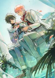 Rule 34 | 2boys, absurdres, bishounen, black hair, blurry, caustics, coat, d misang, day, depth of field, dutch angle, ensemble stars!, expressionless, falling petals, flower, flower request, foliage, foot dangle, full body, highres, holding, holding flower, itsuki shu, kagehira mika, light smile, looking at another, male focus, multiple boys, neck ribbon, official alternate costume, outdoors, palm leaf, pants, parted lips, partially unbuttoned, petals, pink hair, pink petals, pool, puritan collar, red ribbon, ribbon, rose, shoes, short hair, side-by-side, teeth, white coat, white flower, white pants, white rose