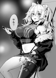 Rule 34 | 1girl, absurdres, animal ears, blush, cellphone, cleavage, earrings, fur-trimmed jacket, fur trim, greyscale, hand on own hip, highres, hololive, jacket, jewelry, leg up, lion ears, long hair, monochrome, mp150 plus, object insertion, phone, see-through, see-through cleavage, sex toy, shishiro botan, shishiro botan (1st costume), single thighhigh, smartphone, solo, thighhighs, thong, tongue, tongue out, translated, vaginal, vaginal object insertion, virtual youtuber