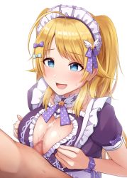 Rule 34 | 1boy, 1girl, :d, ahoge, aqua bow, blonde hair, blue eyes, blush, bow, breasts, breasts squeezed together, censored, cleavage, cleavage cutout, clothed female nude male, clothed sex, clothing cutout, collar, collarbone, commentary request, cum, cum on body, cum on breasts, cum on upper body, dress, eyu, fingernails, frilled collar, frilled dress, frills, hachimiya meguru, hair bow, hair ornament, hair ribbon, hands up, heart cutout, heavy breathing, hetero, highres, idolmaster, idolmaster shiny colors, large breasts, long hair, looking at another, maid headdress, mosaic censoring, neck ribbon, nude, open mouth, paizuri, penis, perpendicular paizuri, polka dot, polka dot bow, polka dot ribbon, puffy short sleeves, puffy sleeves, purple bow, purple collar, purple dress, purple ribbon, ribbon, short sleeves, simple background, smile, solo focus, star (symbol), star hair ornament, sweat, swept bangs, trembling, two side up, upper body, warubo, white background, wing hair ornament, wrist bow