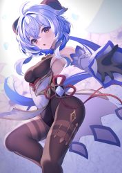 Rule 34 | 1girl, absurdres, ahoge, anichika, bare shoulders, bell, black leotard, blue flower, blue hair, bodystocking, bodysuit, breasts, brown pantyhose, chinese knot, clothes lift, covered navel, detached sleeves, floating, floral background, flower, flower knot, ganyu (genshin impact), genshin impact, gold trim, groin, highres, horns, leotard, leotard under clothes, long hair, looking at viewer, medium breasts, neck bell, pantyhose, pelvic curtain, pelvic curtain lift, petals, purple eyes, sidelocks, solo, thighlet, thighs, vision (genshin impact), waist cape, white sleeves, wide sleeves, wind, wind lift