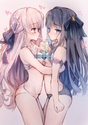 Rule 34 | 2girls, absurdres, arcaea, arm scrunchie, bendy straw, black bow, black panties, black shirt, blue eyes, blue hair, blush, bow, breast press, breasts, bubble tea, bubble tea challenge, clothes lift, commentary, cowboy shot, crying, crying with eyes open, cup, disposable cup, drinking straw, embarrassed, hair bow, hair intakes, heart, highres, hikari (arcaea), hug, long hair, looking at another, looking away, multiple girls, panties, pink eyes, shirt, shirt lift, sleeveless, sleeveless shirt, small breasts, striped, striped bow, symbol-only commentary, symmetrical docking, tairitsu (arcaea), tandohark, tears, underwear, underwear only, white hair, white panties, white shirt, yuri