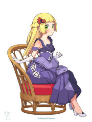 Rule 34 | 1girl, blonde hair, blunt bangs, blush, braid, chair, clenched hand, closed mouth, cosplay, creatures (company), dress, eyelashes, game freak, gloves, green eyes, grey footwear, high heels, highres, kinocopro, lillie (pokemon), long hair, may (anniversary 2022) (pokemon), may (pokemon), may (pokemon) (cosplay), nintendo, pokemon, pokemon masters ex, pokemon sm, purple dress, simple background, sitting, smile, solo, twitter username, watermark, white background, white gloves