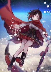 Rule 34 | 1girl, artist name, bad id, bad twitter id, boots, cape, commentary request, crescent rose, ecru, night, red hair, ruby rose, rwby, short hair, grey eyes, sky, snowing, solo, star (sky), starry sky