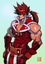Rule 34 | 1boy, alternate costume, bara, bare shoulders, belt buckle, brown hair, buckle, candy, candy cane, christmas, covered abs, covered navel, fingerless gloves, food, gloves, guilty gear, harness, headgear, large pectorals, long hair, male focus, muscular, na insoo, open clothes, pectorals, pelvic curtain, ponytail, santa costume, shiny skin, simple background, sleeveless, sol badguy, solo, spiked hair, tight clothes, yellow eyes