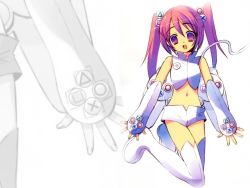 Rule 34 | 1girl, blue eyes, boots, game console, gradient hair, ito noizi, midriff, multicolored hair, navel, open mouth, original, personification, playstation symbols, product girl, purple eyes, red hair, short hair, short shorts, shorts, solo, thighhighs, twintails, wallpaper, zoom layer