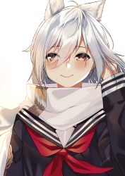 Rule 34 | 1girl, animal ears, azur lane, blush, closed mouth, commentary, commission, english commentary, hair between eyes, highres, j.moon, long sleeves, looking at viewer, maya (azur lane), scarf, school uniform, short hair, signature, silver hair, smile, solo, white background, white scarf, yellow eyes