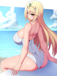 Rule 34 | 1girl, blonde hair, breasts, headpiece, highres, large breasts, long hair, mythra (radiant beach) (xenoblade), mythra (xenoblade), one-piece swimsuit, ponponmaru, ribbed swimsuit, solo, strapless, strapless one-piece swimsuit, striped clothes, striped one-piece swimsuit, swept bangs, swimsuit, tiara, vertical-striped clothes, vertical-striped one-piece swimsuit, very long hair, white one-piece swimsuit, xenoblade chronicles (series), xenoblade chronicles 2, yellow eyes