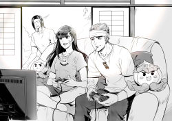 Rule 34 | 1girl, 2boys, ^^^, aged down, alternate hairstyle, animal print, armband, blush, blush stickers, cable, casual, character name, clothes writing, collarbone, controller, couch, d.va (overwatch), dualshock, ear piercing, earrings, facial mark, food, forehead protector, furrowed brow, game console, game controller, gamepad, genji (overwatch), greyscale, hair ornament, hairband, hairclip, hanzo (overwatch), highres, indian style, indoors, jewelry, long hair, low-tied long hair, monochrome, mouth hold, multiple boys, no eyes, open mouth, overwatch, overwatch 1, pachimari, pants, piercing, pillow, plant, playing games, playstation 4, playstation controller, pocky, rabbit hair ornament, rabbit print, shirt, short hair, short sleeves, shorts, sitting, sliding doors, smile, socks, stud earrings, stuffed animal, stuffed octopus, stuffed toy, teeth, television, whisker markings, wind chime