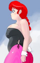 Rule 34 | 1girl, bare shoulders, blue eyes, braid, braided ponytail, breasts, bursting breasts, chadgarciaburg, eyeshadow, highres, large breasts, makeup, pantyhose, playboy bunny, plump, rabbit tail, ranma-chan, ranma 1/2, red hair, self-upload, solo, standing, tagme, tail