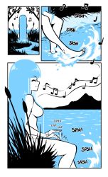 Rule 34 | 1girl, afterimage, akairiot, beamed eighth notes, blue hair, blue theme, blunt bangs, breasts, closed eyes, comic, day, eighth note, grass, highres, kelda (akairiot), liquid hair, long hair, monochrome, mountain, musical note, nude, original, outdoors, plant, quarter note, river, smile, sound effects, splashing, spoken musical note, tree, water