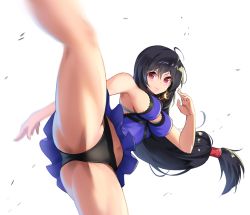 Rule 34 | 1girl, ass, bare legs, black panties, blue dress, breasts, brown hair, cleavage, crescent, crescent earrings, dress, earrings, fighting stance, final fantasy, final fantasy vii, final fantasy vii remake, highres, holiday (pangjelly), jewelry, kicking, large breasts, leg up, legs, long hair, low-tied long hair, md5 mismatch, midriff peek, panties, pantyshot, red eyes, resolution mismatch, short dress, sideboob, sleeveless, sleeveless dress, smile, solo, source larger, square enix, thighs, tifa lockhart, tifa lockhart (refined dress), underwear, upskirt, wall market