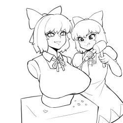 Rule 34 | 1girl, bow, breast conscious, chisel, cirno, concentrating, drawfag, dress, flat chest, greyscale, hair bow, highres, licking lips, marble (stone), marble sculpture, monochrome, sculpting, short hair, standing, statue, tongue, tongue out, touhou, upper body